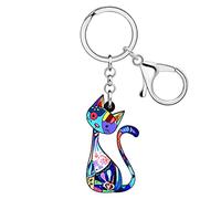 WEVENI Acrylic Bohemian Aesthetic Cat Keychain Kitten Keyring Accessories Boho Print Cat Lover Gifts for Women Girl Bag Charm (Blue)