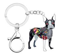 WEVENI Enamel Alloy Crystal Boston Terrier Dog Keychain Bag Car Wallet Charms For Women Girls Gift (Black)