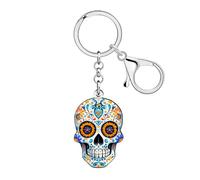 WEVENI Spooky Sugar Skull Gifts for Women Acrylic Flower Skull Keychain Halloween Key Chain Charm Day of the Dead Accessories (Beige)