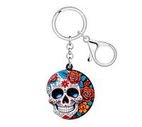 WEVENI Spooky Sugar Skull Gifts for Women Acrylic Flower Skull Keychain Halloween Key Chain Charm Day of the Dead Accessories (Colorful)