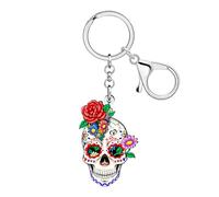 WEVENI Spooky Sugar Skull Gifts for Women Acrylic Flower Skull Keychain Halloween Key Chain Charm Day of the Dead Accessories (White)