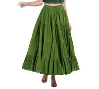 Wevez Soft Cotton Renaissance Faire Skirt - Elastic Swing Summer Peasant Skirt, Olive Green, 8-26