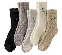 WEVIAS Womens Fuzzy Socks Slipper Fluffy Comfy Cozy Winter Soft Warm Fleece Cabin Plush Sleep Socks, 5 Pairs Embroidered Smiling, One Size