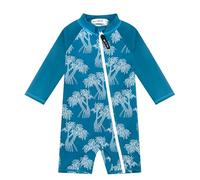 weVSwe Baby Swimsuit UPF 50+ Long Sleeve Blue Leaf Pattern, Baby Swimming Costume with Full Zipper Toddler Swimsuit Sun Protection 18-24 Months