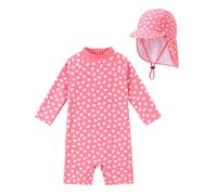 weVSwe Baby Swimsuit UPF 50+ Long Sleeve Pink Heart Baby Swimming Costume with Zipper, Sun Protective Toddler Swimsuit with Adjustable Sun Hat 3Y