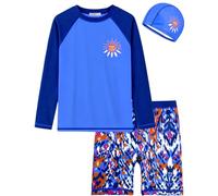 weVSwe Breathable & Quick-Dry Boys Swim Rash Guards Set with Swim Cap, 3Pcs UPF 50+ Boys Swimsuits Kids with Dark Blue Ink Splatter Design for 3T