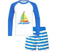 weVSwe Toddler Boys UPF 50+ UV Proction Rash Guard Set Swim Trunks Long Sleeve Swimsuits Woven Swim Shorts Boardshorts Blue White 8 Years