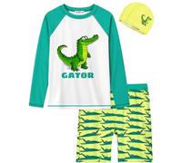 weVSwe Yellow Crocodile Pattern Swimming Costume with Shorts, 3Pcs UPF 50+ Sun Protection & Breathable Rash Guard Sets, Quick-Dry Boys Swimsuit Set and Cap for 2T
