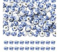 WEWAYSMILE 100Pcs 8mm Flower Ceramic Beads for Jewelry Making Blue Flower Printed Porcelain Beads Handmade Bright Glazed Round Spacer Bead for DIY Bracelets Necklace Earrings Crafts