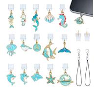 WEWAYSMILE 15Pcs Blue Dust Plug Charm Type C Cute USB C Phone Dust Plug Charm with Alloy Fish Enamel Phone Charms Charging Port Pandants for Earphone E-Reader Protector Accessory
