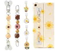 WEWAYSMILE 2Pcs Daisies Silicone Beaded Grip Chain for E-Reader with 4Pcs Flower USB C Dust Plug Charm Type C Colorful Cute Phone Charm Alloy Enamel Floral Hand Strap Chain for Bookish Gift