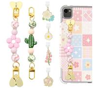 WEWAYSMILE 2Pcs Flower Silicone Beaded Grip Chain for E-Reader with 4Pcs Floral USB C Dust Plug Charm Type C Colorful Cute Phone Charm Alloy Enamel Printed Beaded Hand Strap Chain for Bookish Gift