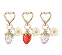WEWAYSMILE 3 Pcs Cute Strawberry Keychain Flower Daisy Keychain Metal Keychain for Men Women Keychains Bag Charms Purse Handbag Backpack Car Holder Bag Accessories Holiday Gifts(Red+Pink+Transparent)