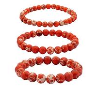 WEWAYSMILE 3pcs Natural Stone Bracelet, Beaded Couples Stretch Bracelets, Round Beaded Stretch Bracelets Set, Natural Gemstone Beads Bracelet for Women Men (orange)
