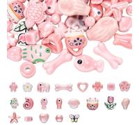 WEWAYSMILE 50Pcs Pink Ceramic Beads for Jewelry Making Mixed Printed Porcelain Animal Beads for Bracelets Handmade Bright Glazed for DIY Bracelets Necklace Earring Jewelry Crafts