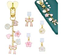 WEWAYSMILE Bow Phone Charms Chains for E-Reader with 4 Matching Dust Plug Charm Type C Flower USB C Phone Dust Plug Charms Enamel Charging Port Pandants for Earphone E-Reader Protector Accessory