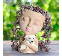 WEWEOW Face Planters Pots Head for Indoor Outdoor Planter Pot with Dog, Succulent Planter with Drainage Hole Cute Lady Face Flower Pots (Khaki)