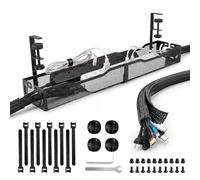 WEWINK PLUS 64CM Under Desk Cable Management with 10ft Cable Sleeve No Drill, 25 Inch Metal Mesh Long Cord Organiser Tidy Tray with Clamp Mount, Wire Cable Ties for Home Office, Standing Desk, Black