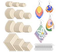 Wexpw 320 Pieces Unfinished Wooden Earring Blanks - 4 Shapes (Teardrop, Circle, Leaf, Diamond) with 100pcs Earring Hooks & 100pcs Jump Rings