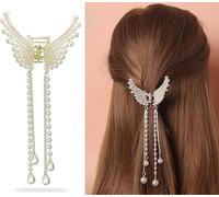 WEXUS Elegant Pearl Butterfly Hair Clip, Gold Satin Bow with Dangling Chains, Modern Chic Style for Women, 16cm Length