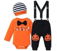 Wexuua My first Halloween Outfit Boy My First Halloween Alphabet Print Romper +Hat+ Pumpkin Prints Pants Baby Boy Clothes 6-9 Months