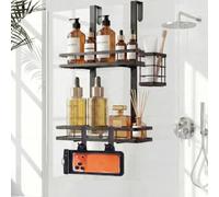 WEYALLE Over the Door Shower Caddy Hanging, Rustproof Shower Shelves with Waterproof Phone Pouch, 2-Tier Adjustable Bathroom Organizers and Storage, No Drilling Shower Shelf, Black Shampoo Soap Holder