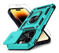 Weycolor for iPhone 14 Pro Case with Camera Lens Cover, HD Screen Protector, 10 FT Military Grade Drop Protection, Magnetic Ring Holder Kickstand Protective Phone Case, Ice Green