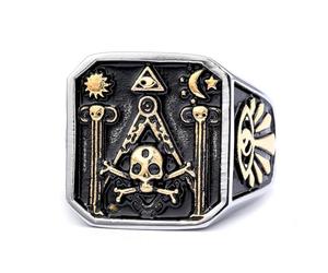 WEYIMVTO Men's vintage rings, Masonic Master Mason Ring Hiram Abiff Temple Builder Skull & Crossbones Embrace Death(Z+1)