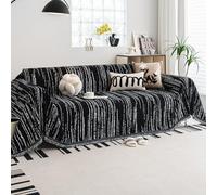 WEYOND Chenille Sofa Cover and Couch Cover with Tassels, Reversible Slipcover for L-Shaped Sectional, 2 3 4 Seater Sofa, Pet-Friendly Striped Design (180 x 260 cm, Black)