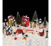 Weysat 19 Pcs Christmas Village Houses Sets Christmas Village Miniature Display Xmas Scene Figurines Trees Snowman Decor Desktop Table Decor Winter Town Scene
