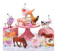 Weysat 27pcs Farm Animal Birthday Party Decorations Mini Birthday Hat with Pom Poms Farm Animal Figure Model Cake Toppers with Mini Skirt and Hat for Wild Animals Themed Party