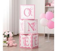 Weysat 3 Pcs Pink Bow First Birthday Decorations Coquette Pink Bow One Balloon Boxes for Girl 1st Birthday Party Decoration One Year Old Birth Theme Cardboard Box Supplies