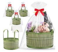 Weysat 3 Set Baskets for Gifts Empty Bulk, Large Woven Bamboo Gift Basket Kit with Handles, Bow, Wrap Bag to Fill for Raffle Thanksgiving Day Wedding Birthdays Party Wrapping (Green)