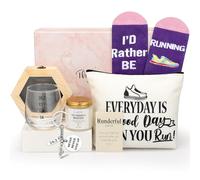 Weysat 8 Pcs Funny Running Gifts Set for Women Wooden Hexagon Medal Display Case Novelty Socks Scented Candle Cosmetic Bag Stemless Glass Running Keychain Card Marathon Lovers Gifts for Christmas