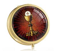 Weysat Pyx for Communion Host Catholic Polished Gold Brass Latin Cross Pyx/keepsake Box for Holy Communion Priests Deacons Eucharist Gift,1.97 Inch (Holy Grail)