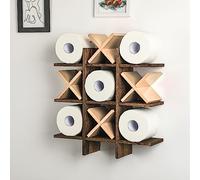 Weysat Tic Tac Toe Toilet Paper Holder Stand Bathroom Wall Decor Rustic Wooden Hanging Storage Freestanding Wall Mounted Shelves Decor for Toilet Tissue Farmhouse