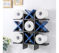 Weysat Tic Tac Toe Toilet Paper Holder Stand Bathroom Wall Decor Rustic Wooden Hanging Storage Freestanding Wall Mounted Shelves Decor for Toilet Tissue Farmhouse