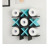 Weysat Tic Tac Toe Toilet Paper Holder Stand Rustic Wooden Toilet Paper Storage Bathroom Hanging Storage Freestanding Wall Mounted Shelves Wall Decor for Toilet Tissue Farmhouse Decor (Black, Blue)