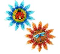 Weysoo Sunflower Garden Ornaments Outdoor,2 PCS Metal Wall Art Decor, 3D Colorful Hanging Decoration, Wall Sculptures with Dragonfly & Ladybug Pattern for Garden Fence Yard Shed Decor