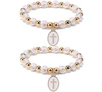 Weyuley 2Pcs Alloy Catholic Cross Bead Bracelet, Easter and Baptism Bracelet, Suitable for Both Men and Women to Wear., Adjustable, Resin, no gemstone