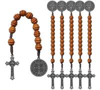 Weyuley 6Pcs Saint Benedict Medal and Cross Prayer Beads Brown Wooden Beads Suitable for Both Men and Women, a Catholic Prayer Gift, One Size, Zinc, Rhinestone