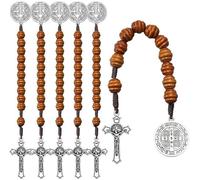 Weyuley 6Pcs Saint Benedict Medal and Cross Prayer Beads Brown Wooden Beads Suitable for Both Men and Women, a Catholic Prayer Gift, One Size, Zinc, Rhinestone