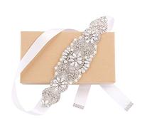 WEZTEZ Wedding Sash Pearl Belt with Satin Ribbon Handmade Crystal Bridal Belt Thin for Women formal Evening Dress Accessories, Silver-white, One Size