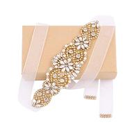 WEZTEZ Wedding Sash Pearl Belt with Satin Ribbon Handmade Crystal Bridal Belt Thin for Women formal Evening Dress Accessories, Gold-organza White, One Size