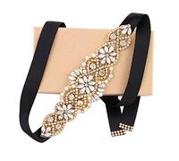 WEZTEZ Wedding Sash Pearl Belt with Satin Ribbon Handmade Crystal Bridal Belt Thin for Women formal Evening Dress Accessories, Gold-black, One Size