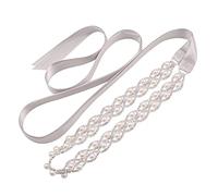 WEZTEZ Crystal Wedding Belt Pearls Bridal Belt Handmade Rhinestone Wedding Dress Belt for Bride Bridesmaid Gowns, Sliver Ribbon, One Size