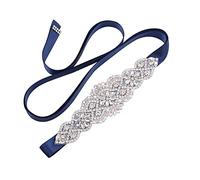 WEZTEZ Wedding Sash Pearl Belt with Satin Ribbon Handmade Crystal Bridal Belt Thin for Women formal Evening Dress Accessories, Sliver-navy Blue, One Size