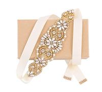 WEZTEZ Wedding Sash Pearl Belt with Satin Ribbon Handmade Crystal Bridal Belt Thin for Women formal Evening Dress Accessories, Gold-ivory, One Size