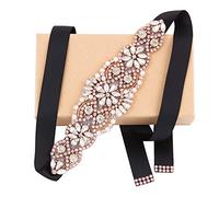 WEZTEZ Wedding Sash Pearl Belt with Satin Ribbon Handmade Crystal Bridal Belt Thin for Women formal Evening Dress Accessories, Rose Gold-black, One Size