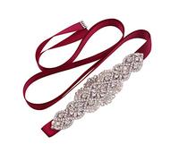 WEZTEZ Wedding Sash Pearl Belt with Satin Ribbon Handmade Crystal Bridal Belt Thin for Women formal Evening Dress Accessories, Silver-burgundy, One Size
